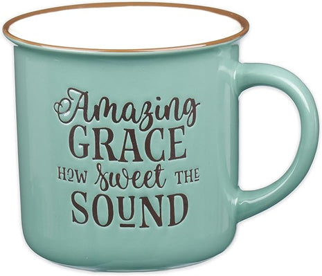 Christian Art Gifts Mint Green Camp Style Ceramic Coffee Mug – 13 oz. Microwave and Dishwasher Safe Novelty Drinkware Inspirational Scripture Coffee and Tea Mug with Worship Hymn Song: Amazing Grace