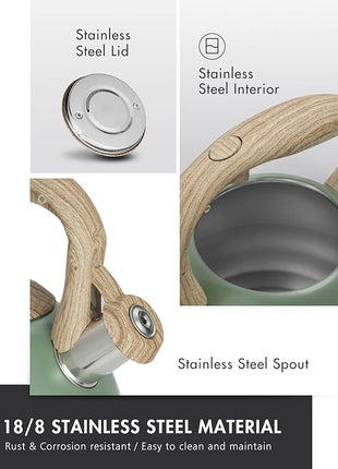 Poliviar Tea Kettle, 2.7 Quart Seaweed Green Finish with Wood Pattern Handle Loud Whistle Food Grade Stainless Steel Teapot, Anti-Hot Handle and Anti-Rust, Suitable for All Heat Sources (JX2020-SB30)