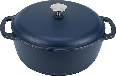 Amazon Basics Cast Iron Dutch Oven Pot with Lid, Enameled, Round, Dual Handles, Heavy-Duty, Medium, 6-Quart, Matte Navy