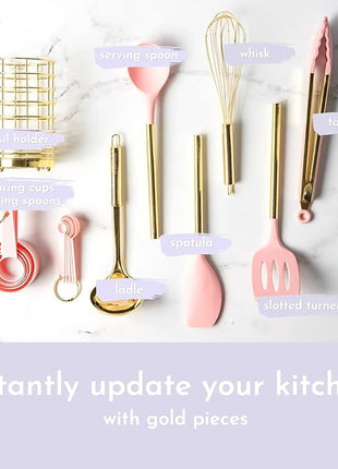 Pink and Gold Kitchen Utensils Set - 17-Piece Kitchen Tools Include Silicone Cooking Utensils, Spatula Holder, Measuring Cups and Spoons for Baking, Cooking - Stylish Pink Kitchen Accessories