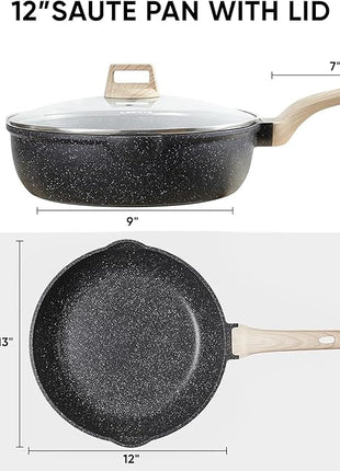 CAROTE 12Inch Nonstick Deep Frying Pan with Lid, 5.5 Qt Jumbo Cooker Saute Pan with Pour Spout, Skillet Induction Cookware, Non Stick Cooking Pan PFOA Free, Classic Granite