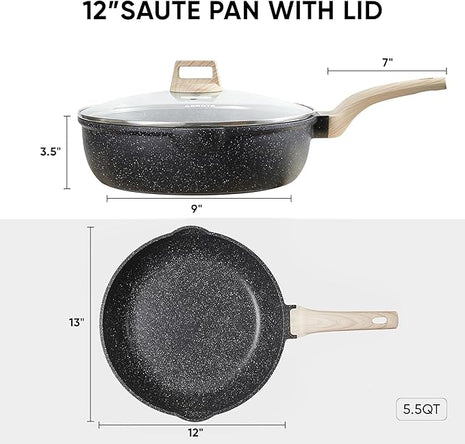 CAROTE 12Inch Nonstick Deep Frying Pan with Lid, 5.5 Qt Jumbo Cooker Saute Pan with Pour Spout, Skillet Induction Cookware, Non Stick Cooking Pan PFOA Free, Classic Granite