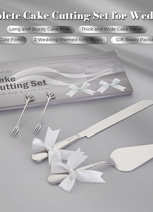 Wedding Cake Cutting Set, Elegant Wedding Cake Knife and Server Set with Thick Stainless Steel Wide Handle, Cake Cutting Set for Wedding Anniversary Christmas, Cake Cutter, 2 Cute Forks and Bows