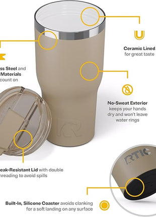RTIC 30oz Essential Tumbler with Lid, Ceramic Lined, Insulated, Stainless Steel, Metal, Double Wall Vacuum-Insulation, Travel Cup for Iced Coffee, Tea, Hot and Cold Drink, Beach