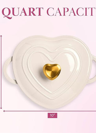 Paris Hilton Enameled Cast Iron Dutch Oven Heart-Shaped Pot with Lid, Dual Handles, Works on All Stovetops, Oven Safe to 500°F, 2-Quart, Cream