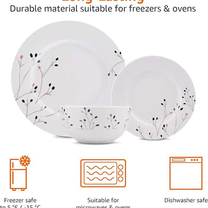 Amazon Basics Dinnerware Set, Microwave and Dishwasher Safe, Service for 6, 18-Piece Complete Kitchen, Plates, Dishes, Bowls, Branches