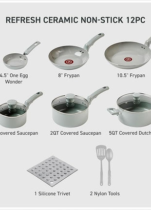 T-Fal Refresh Ceramic Nonstick Cookware Set, 12-Piece Ceramic Pots and Pans Set, Includes Stockpot, Griddle, Frying Pans, Utensils, Moon Grey