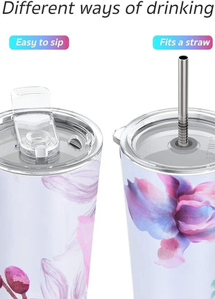 THILY Stainless Steel Vacuum Insulated Tumbler 26 oz Triple-Insulated Travel Mug with Splash-Proof Lid, for Iced Coffee and Hot Beverage, Pink Lilies + Lotus Flower