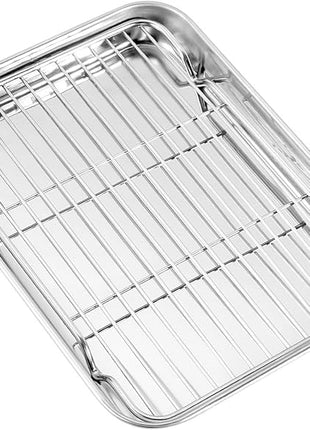 Baking Sheet with Wire Rack, Cookie Sheet Baking Pan Toaster Oven Tray with Cooling Rack, Stainless Steel Eighth Sheet Pan with Rack 9' x 7' x 1', Healthy & Non Stick & Dishwasher Safe