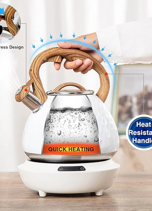 Tea Kettle, Toptier Teapot Whistling Kettle with Wood Pattern Handle Loud Whistle, Food Grade Stainless Steel Tea Pot for Stovetops Induction Diamond Design Water Kettle, 2.7-Quart White