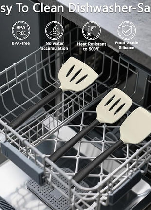 Coukre 3 Pack Silicone Spatula Set, High Heat Resistant, BPA-Free, Fish Spatula, Solid & Slotted Turner for Non-Stick Pans, Flipping Eggs, Pancakes, Fish, Burgers (3, BeigeBlack)