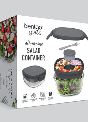 Bentgo Glass All-in-One Salad Container - Large 61-oz Salad Bowl with Lid, 4-Compartment Bento-Style Tray, 3-oz Sauce Container, and Reusable Fork - Dishwasher, Microwave, and Oven Safe (Dark Gray)