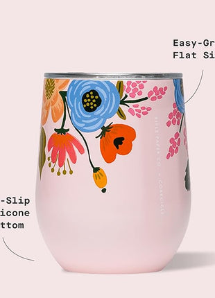 Corkcicle Stemless Insulated Wine Glass Tumbler - Keeps Beverages Cold 6 Hrs Hot 3 Hrs - Stainless Steel - Easy-Grip - Gift for Mom - Great for Mother's Day or Christmas - 12 oz - Blush Lively Floral