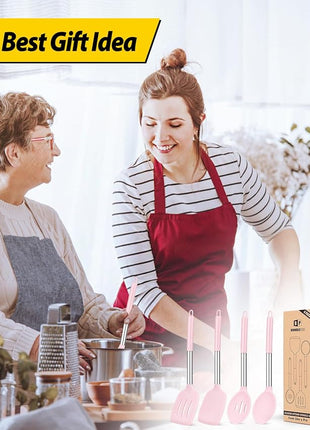 Pack of 4 Silicone Cooking Utensils Set, Non Stick Large Solid Spatulas, Heat Resistant Pink Slotted Spoons, Ideal BPA Free Kitchen Turners for Frying, Mixing,Serving,Draining,Turning,Stirring