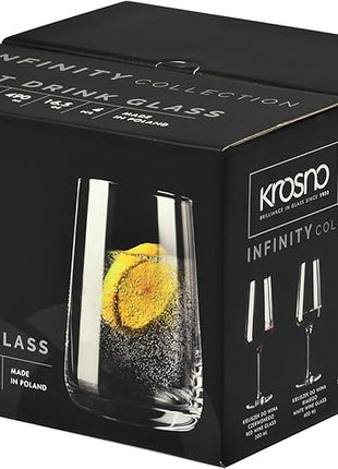 Krosno Glasses for Water, Juices and Other Drinks | Elegant Design | Set of 4 | Capacity 16.6 fl oz | Infinity Collection | Ideal for Home, Restaurant, Parties | Dishwasher Safe