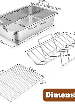P&P CHEF 14" Roaster Roasting Pan with Baking Rack and V-shaped Rack, Stainless Steel Rectangular Lasagna Pan with Handles for Turkey Chicken, Healthy & Dishwasher Safe, 3 Pieces, Silver