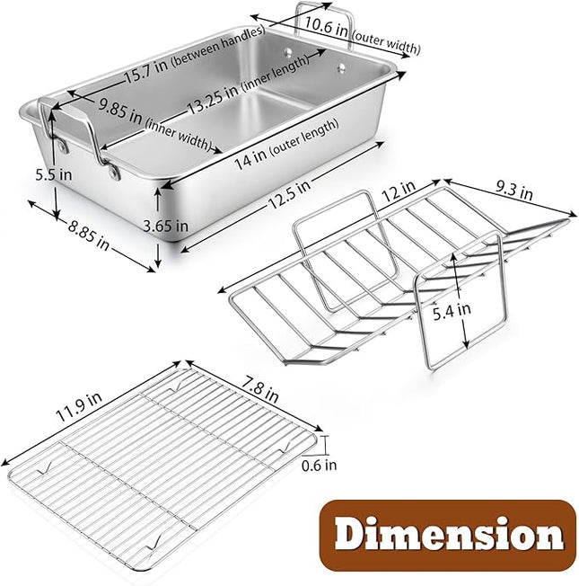 P&P CHEF 14" Roaster Roasting Pan with Baking Rack and V-shaped Rack, Stainless Steel Rectangular Lasagna Pan with Handles for Turkey Chicken, Healthy & Dishwasher Safe, 3 Pieces, Silver
