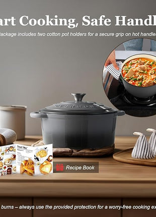 Overmont Enameled Cast Iron Dutch Oven - 5.5QT Pot with Lid Cookbook & Cotton Potholders - Heavy-Duty Cookware for Braising, Stews, Roasting, Bread Baking grey
