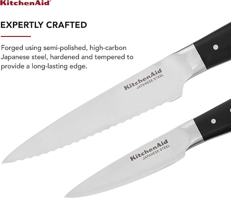 KitchenAid Gourmet 2 Piece Forged Triple Rivet Knife Set, 4.5 inch Fine Edge Utility Knife and 3.5 inch Paring Knife Set, Sharp Kitchen Knives, High Carbon Japanese Stainless Steel, Black