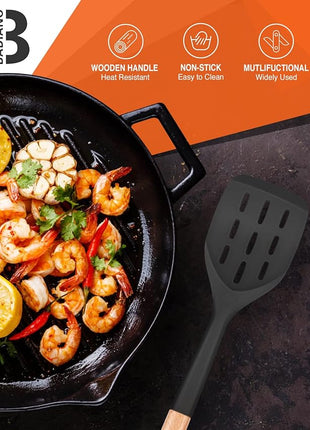 Pack of 2 Silicone Spatula, Non Stick Cooking Utensil Set Wooden Handle Kitchen Turner for Baking Mixing Grilling Serving Food Heat Resistant Non Scratch Hooks Included (Black)