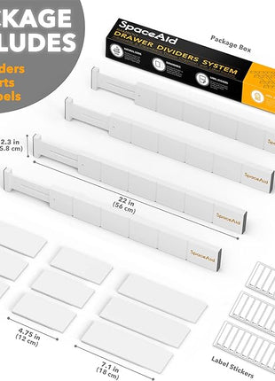 SpaceAid Bamboo Drawer Dividers with Inserts and Labels, Kitchen Adjustable Drawer Organizers, Expandable Organization for Home, Office, Dressers, 4 Dividers with 9 Inserts (17"-22" White)