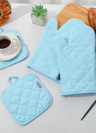 Oven Mitts and Pot Holders 4 pcs Set,High Heat Resistant 500 Degree Extra Thicken Long Kitchen Cotton Oven Glove for Cooking (12 Inch,Light Blue)