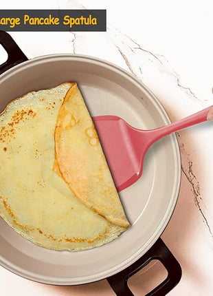 Silicone Pancake Spatula Turner with Lengthened Handle& Seamless Design, Heat Resistant Cooking Spatulas for Nonstick Cookware, Large Flexible Kitchen Utensils, Flipper for Egg, Pancake, Burger, Red