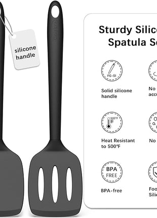 Coukre 2 Pack Silicone Spatula Set, High Heat Resistant, BPA Free Kitchen Spatula, Solid & Slotted Turner for Non-Stick Pans, Sautéing, and Flipping (2, PureBlack)
