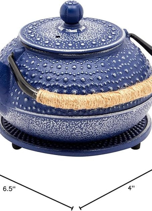 Juvale Cast Iron Teapot with Infuser - Blue, 27 oz (800 mL) - Stovetop Tea Kettle for Loose Leaf Tea - Includes Stainless Steel Infuser & Trivet