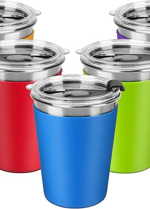 Kids Stainless Steel Cups, 12oz Kids Metal Drinking Glasses with Lids and Sleeves, Unbreakable Spill Proof Cups for Kid and Adult, Stacking Sippy Cups for Hot Chocolate & Cold Drinks 5Pack