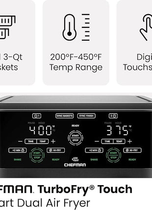 Chefman 6 Quart Dual Basket Air Fryer - Digital Touchscreen, Smart Sync Finish, Hi-Fry, Auto Shutoff, 2 Independent 3QT Nonstick Dishwasher-Safe Frying Baskets - Digital Double Air Fryer - Black