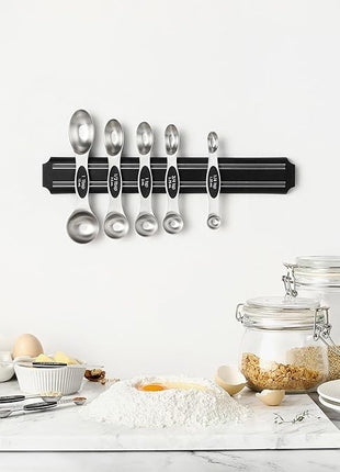 Spring Chef Stainless Steel Magnetic Measuring Spoons Set with Strong N45 Magnets, Heavy Duty Metal Kitchen Gadgets for Baking & Cooking, Fits in Most Kitchen Spice Jars, Set of 8 with Leveler, Black