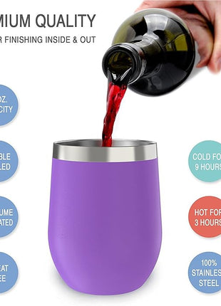 CHILLOUT LIFE 12 oz Stainless Steel Wine Tumbler with Lid - Double Wall Vacuum Insulated Wine Cup Glass Keeping Cold & Hot for Coffee, Champagne, Cocktails, Ice Cream - Powder Coated Purple