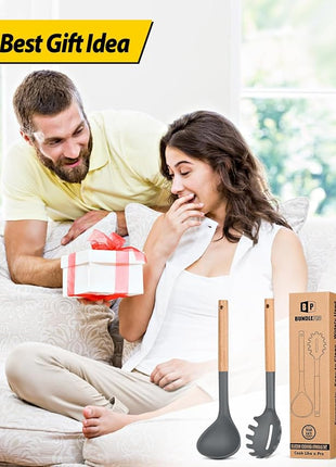 Silicone Pasta Fork and Ladle Spoon Set with Wooden Handle, Heat Resistant Non Stick Kitchen Utensils for Cooking, Stirring, Serving Spaghetti, Soup, Sauce(GRAY)