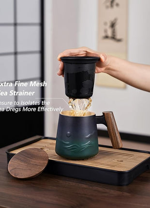 ZENS Embossed Ceramic Tea Mug with Infuser and Lid, 14.5 oz Wooden Handle, Loose Leaf Tea Steeper Mugs & Strainer for Tea Lovers Gifts