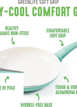 GreenLife Soft Grip Healthy Ceramic Nonstick 12" Frying Pan Skillet, PFAS-Free, Dishwasher Safe, Turquoise