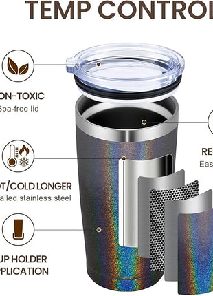 MEWAY 20oz Tumbler 8 Pack Double Wall Vacuum Insulated Travel Glitter Mug Bulk, Stainless Steel Tumblers with Lid and Straw, Powder Coated Coffee Cups for Woman(Gradient Black or Navy,Set of 8)