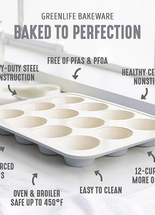 GreenLife 12-Cup Muffin Pan, PFAS-Free Healthy Nonstick Baking Tray, 11.4" x 1.9" x 15.9", Durable Ceramic Bakeware, Cupcakes, Egg Bites, Tarts, Brownies, Gray