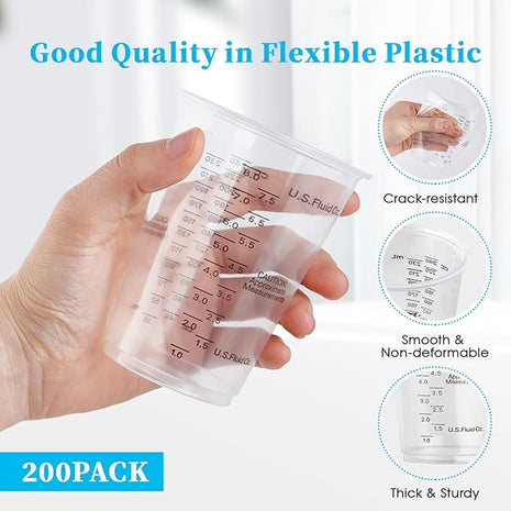 200 PACK Plastic Measuring Cups, 8 oz Disposable Mixing Cups with 100 Wooden Mixing Sticks, Can Be Used for Epoxy Resin, Liquid Measuring, Paint, Cooking and Baking