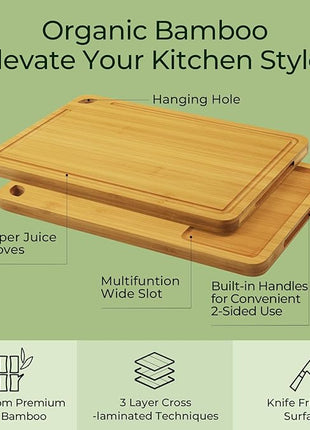 Wood Cutting Board for Kitchen - Reversible Bamboo Cutting Boards Gift Set of 3 with Juice Groove, Wooden Chopping Board for Meat, Fruit, Vegetables & Cheese (Pre Oiled, Natural)