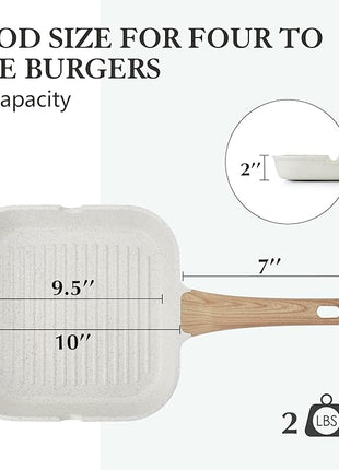 SENSARTE Nonstick Ceramic Grill Pan for Stove Tops, Versatile Square Grilling Pan with Pour Spouts, Durable Grill Skillet for All Stoves(Gas,Electric,Induction) Non Toxic-PTFE,PFAS,PFOA Free, 9.5Inch