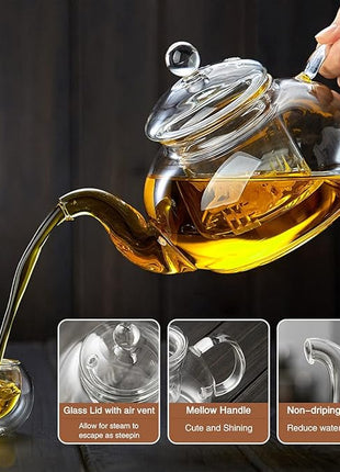 Glass Teapot with Removable Clear Infuser, 27 oz/ 800 ml Stove Top & Microwave Safe Borosilicate Glass Kettle with Loose Leaf Tea Strainer For Flower Blooming Tea
