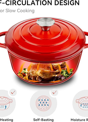 Miereirl 4.5 Quart Enameled Dutch Oven Pot with Lid, Cast Iron Dutch Oven with Dual Handles for Bread Baking, Cooking, Non-stick Enamel Coated Cookware (Red)