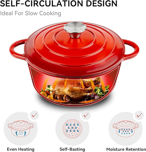 Miereirl 4.5 Quart Enameled Dutch Oven Pot with Lid, Cast Iron Dutch Oven with Dual Handles for Bread Baking, Cooking, Non-stick Enamel Coated Cookware (Red)