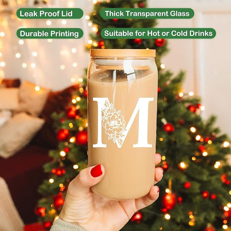 Coolife Initial Glass Cup, Monogrammed Gifts for Women, 16 oz Glass Cups w/Lids Straws, Iced Coffee Smoothie Beer Tumbler w/Straw Lid - Personalized Christmas, Birthday Gifts for Her Mom Friend Woman