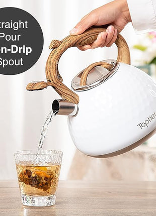 Tea Kettle, Toptier Teapot Whistling Kettle with Wood Pattern Handle Loud Whistle, Food Grade Stainless Steel Tea Pot for Stovetops Induction Diamond Design Water Kettle, 2.7-Quart White