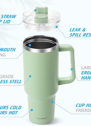 40 oz Tumbler with Handle | Stainless Steel Insulated Tumblers with Lids and Straw | Insulated Travel Mug Iced Coffee Cup | Keeps Cold for 34 Hours | Dishwasher Safe, BPA Free | Sage Green