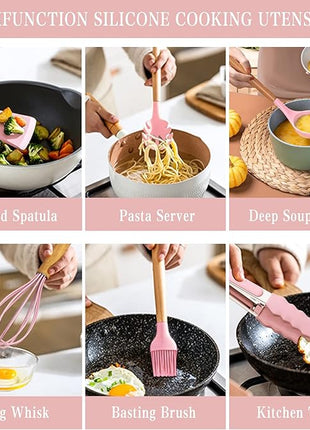 Umite Chef Silicone Kitchen Utensils Set, 33 Piece Non-Stick Kitchen Utensils with Stand, Wooden Handle, Pink