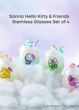 JoyJolt Hello Kitty & Friends Above the Clouds Stemless Drinking Glasses, 15 oz Ombre Glass Cup Set of 4 ft Hello Kitty Keroppi My Melody Pompompurin, Kawaii Kitchen Glassware Sets