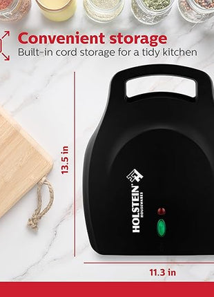 Holstein Housewares Stainless Steel 4 Section Omelet Maker, Non Stick Coating, Mess Free Cooking, Easy Cleaning, Indicator Lights, Upright Storage & Anti Slip Feet For Quick Meals. 4 Portions, Black